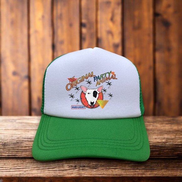 Bud Lite Spuds Mackenzie Party Animal Unisex Trucker Hat Green Snapback Beer Cap - Picture 1 of 4
